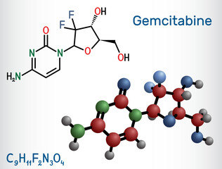 Poster - Gemcitabine molecule. It is antineoplastic agent used in the therapy of  pancreatic, lung, breast, ovarian, bladder cancer. Structural chemical formula, molecule model.