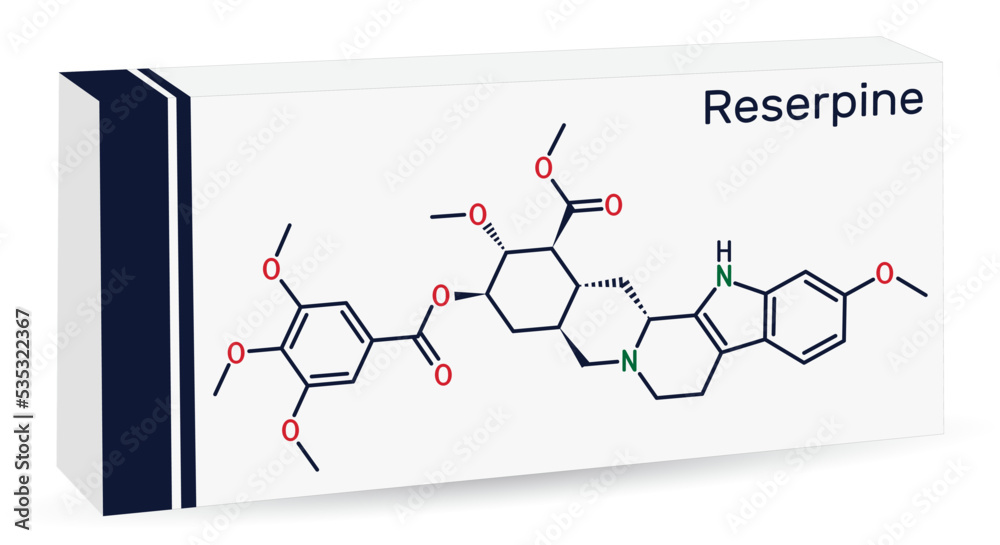 Reserpine alkaloid molecule. It is antihypertensive drug, used for the ...