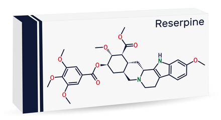 Poster - Reserpine alkaloid molecule. It is antihypertensive drug, used for the treatment of high blood pressure. Skeletal chemical formula. Paper packaging for drugs