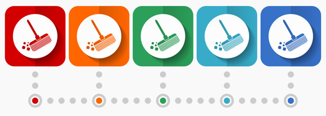 Aufkleber - Broom, cleaning vector icons, infographic template, set of flat design symbols in 5 color options