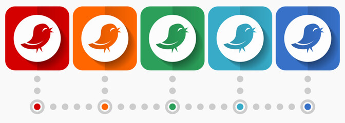 Poster - Bird, animal, twitter vector icons, infographic template, set of flat design symbols in 5 color options