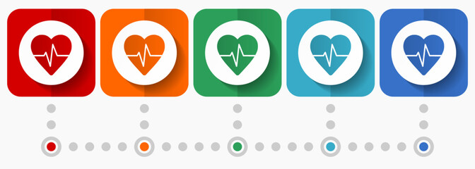 Aufkleber - Heart, pulse vector icons, infographic template, set of flat design symbols in 5 color options
