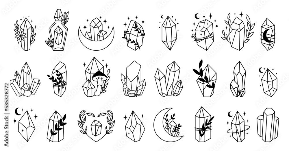 Set of Mystical line art esoteric crystals, gem stones, diamonds ...