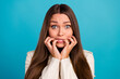 © deagreez - Portrait of young shocked crazy frightened lady wear white clothes arms fingers touch head mouth teeth isolated on blue color background