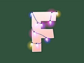 English alphabet vector illustration. Type with glowing Christmas lights and bulbs. Celebrational letters for decoration. Festive set in playful style. Letter F