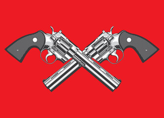 Vector illustration of two Сolt magnum revolvers symbolically crossing like a coat of arms on a red isolated background in monochrome