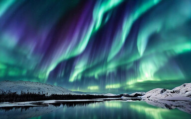 norwegian landscape with beautiful aurora borealis