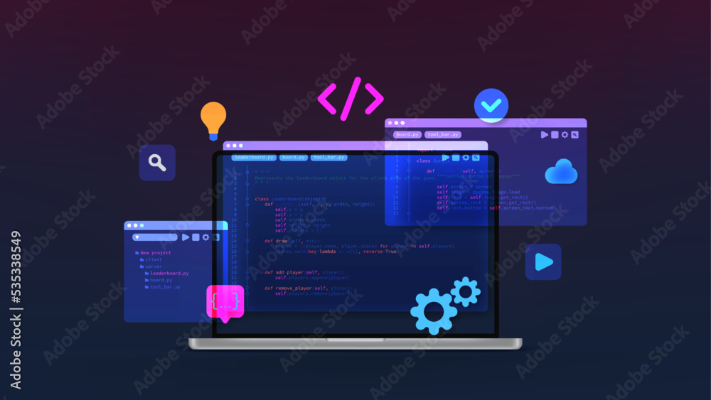Concept of computer programming or developing software or game. Vector 3d illustration with coding symbols and programming windows. Concept of Information technologies and computer engineering.