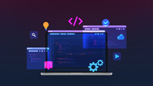 Concept Of Computer Programming Or Developing Software Or Game. Vector 3d Illustration With Coding Symbols And Programming Windows. Concept Of Information Technologies And Computer Engineering.