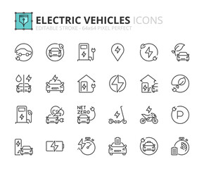 Wall Mural - simple set of outline icons about electric vehicles. sustainable development