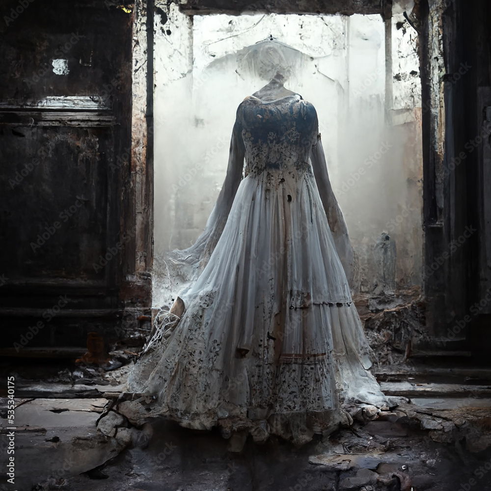 ghost of a woman in white dress in abandoned building horror Halloween  Stock Illustration | Adobe Stock