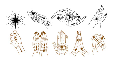 Wall Mural - Set of linear vector illustrations. Hand-drawn magical hands. Design elements for decoration in modern style. Cursing hands. mystical elements.