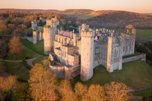 Arundel Castle In Arundel City, West Sussex, England, United Kingdom. Bird Eye View. Drone Point Of View.
