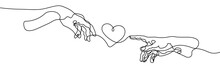 One Line Male And Female Hand Are Drawn To The Heart Design Silhouette. Valentine's Day.