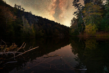 Wall Mural - Beautiful night landscape. Small lake and mountains on the bright milky way galaxy. Starry  night.