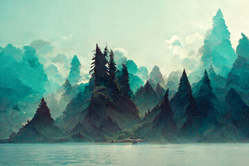 Wallpaper illustration of a green forest landscape