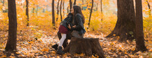 Banner Mother And Daughter Spend Time Together In Autumn Yellow Park Copy Space. Season And Single Parent Concept.