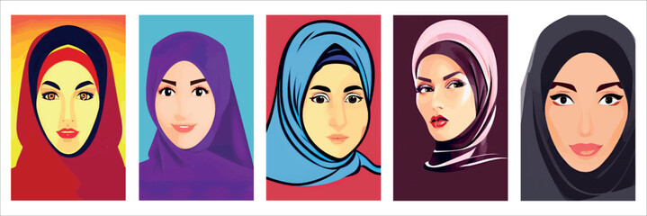 Set of vertical portraits. Young arab business woman in hijab. The face of a Muslim girl is covered with a scarf. Vector illustration. Happy International Women's Day. Portrait of Asian Muslim Woman