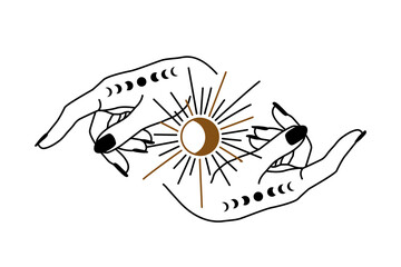 Wall Mural - linear vector illustration of hands. Drawn magic hands. Design elements for decoration in modern style. Sorcery of hands. mystical elements.