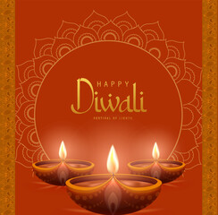 Poster - Happy Diwali Poster with Diya Lamp and Peacock Vector Illustration. Indian festival of lights Design. Suitable for Greeting Card, Banner, Flyer, Template. 