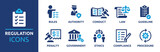 Fototapeta  - Regulation icon collection. Containing rules, authority, conduct, law, guideline, penalty, government, ethics, compliance and procedure icons. Vector illustration.