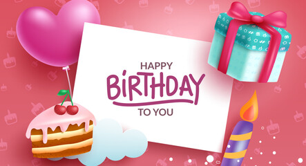 Birthday greeting vector template design. Happy birthday text in empty space for typography with party elements cake, gift, balloon and candle in pattern background. Vector Illustration. 
