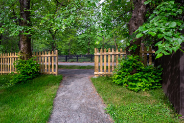  The opening of a wooden picket fence at the end of a concrete pathway. There are large mature lush green maple trees with sprigs sticking out at the bottom of the tree trunks covered in leaves. 