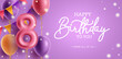 Birthday vector background design. Happy birthday text in purple space with pastel balloons and pennants element for 8th birth day greeting. Vector illustration.
