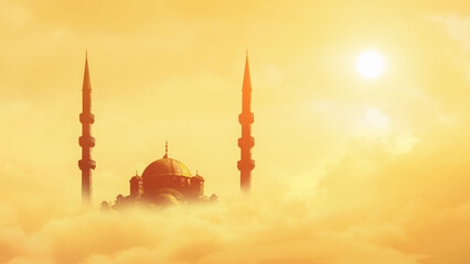 silhouette islamic mosque over sky with cloud and sunrise sky background