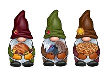 Hand Drawn Cute Gnomes In Autumn Disguise With Turkey, Pie And Turkey.