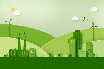 Aufkleber - Green industry and alternative renewable energy.Green eco friendly cityscape background.Paper art of ecology and environment concept.