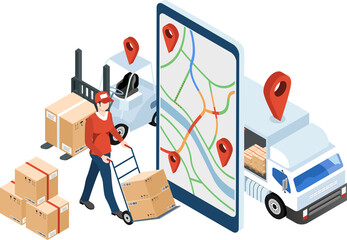 3D isometric Logistics and Delivery services concept with People transport product boxes from suppliers to buyers and Warehouse, truck, forklift. Clipart Transparent PNG