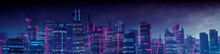 Sci-fi City Skyline With Blue And Pink Neon Lights. Night Scene With Visionary Skyscrapers.