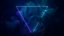 Green And Purple Neon Light With Tropical Plants. Triangle Shaped Fluorescent Frame In Jungle Environment.