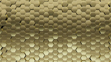 Glossy, Hexagonal Mosaic Tiles Arranged In The Shape Of A Wall. 3D, Gold, Bullion Stacked To Create A Luxurious Block Background. 3D Render