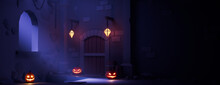 Halloween Scary Pumpkins With Doorway, In A Fun Medieval Castle At Night. Halloween Banner With Copy-space.