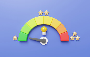 Poster - Arrow point scale speed low status green with star speedometer icon Performance, pointer rating risk levels, meter, tachometer on purple background. Minimal cartoon cute smooth. 3d render illustration