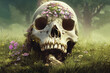 © Badger - decaying skull with flowers, gothic, fantasy halloween illustration, concept art, Generative AI
