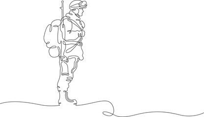 Poster - One continuous line.Modern military man in outfit. Soldier with weapons. Warrior in uniform.  One continuous line is drawn on a white background.