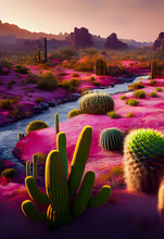 Beautiful Pink Landscape With Cactus