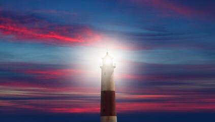 Canvas Print - Beautiful night seascape with lighthouse at sunset