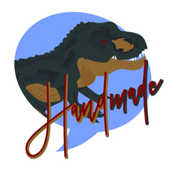 Poster - Dinosaur with Handmade word. Tyrannosaurus Rex sign, sticker. Exclusive Product Certificate.