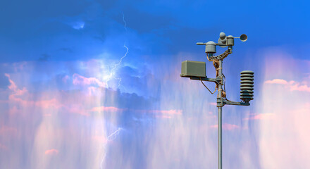 Wall Mural - weather station automatic measurement of weather parameters with stormy sky and rain, rainbow