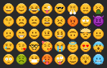 Aufkleber - Pixel emoji, emoticon smiles and 8 bit face icons, vector happy, sad and angry set. Pixel emoji or cute smiles with laugh or love emotions, message chat emoticons and expression smiles, pixel stickers