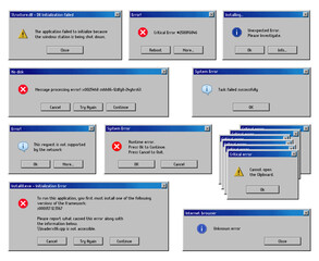 Fototapete - Error message windows, computer system warning, vector, PC alert popup screen interface. Critical error message windows of runtime notification with continue, quit and reboot option for unknown error