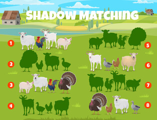 Poster - Farm animals and cattle. Shadow matching game worksheet. Animal silhouette find kids quiz, shadow match child riddle or game vector worksheet with goat and sheep, pork, rooster, turkey and hen, goose