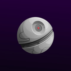 Poster - Fantastic cyber steampunk planet, space fantasy world, cartoon vector. Steam punk galaxy earth for game icon, steam punk futuristic planet or UFO and alien starship in universe with red eye crater