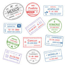 Passport Travel Stamps, Mexico Airport Visa Arrival To Mexican Cities, Vector Signs. International Destinations And Mexico Travel Stamps Of Acapulco, Cancun And Veracruz Or Monterrey And Guadalajara