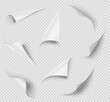 © Vector Tradition - Paper page corners, sheet curly folds and sticker corner turn flips, realistic vector shadow. White blank paper page corners with curl peel edges, book sheet rolled up or curly bent note borders
