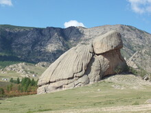 A Giant Turtle Rock In Terelj National Park, Tuv, Mongolia. This Is A Huge Turtle Rock In The Vast Steppe Of The Terelj Area. A Number Of Nomadic Families Also Live Around The Park.